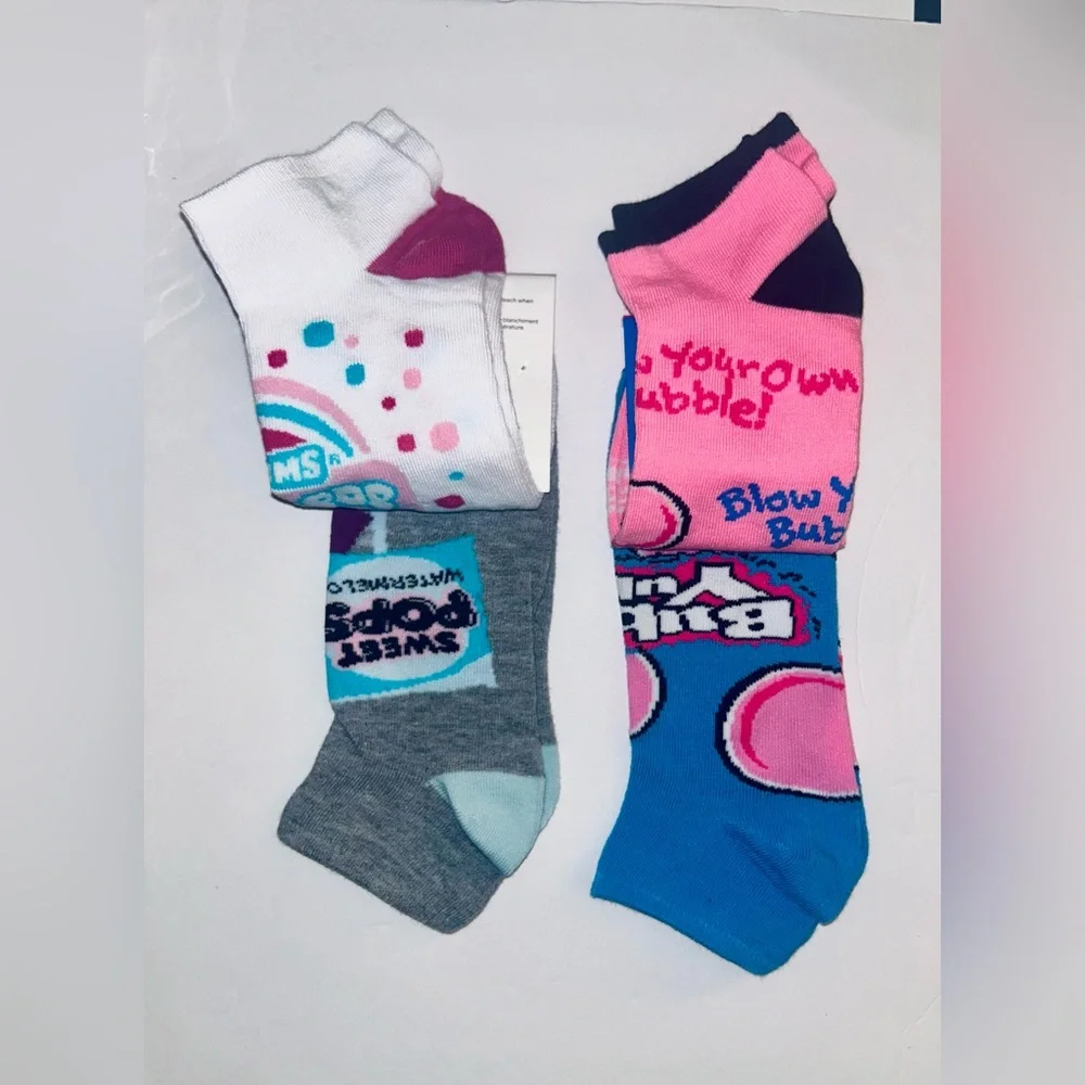 4 pairs Low Cut Socks Bubble Yum Gum & Charms Candy Lollipop NWT Novelty